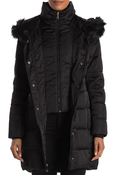 Shop T Tahari Stefani Faux Fur Hood Down Fill Fitted Puffer Coat In Black