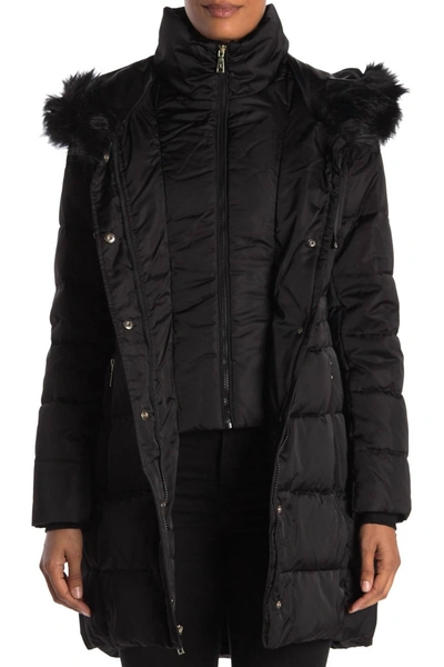 T Tahari Stefani Faux Fur Hood Down Fill Fitted Puffer Coat In Black