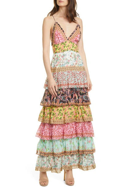 Shop Alice And Olivia Imogene Mixed Print Tiered Ruffle Cotton Maxi Dress In Meadow Magic