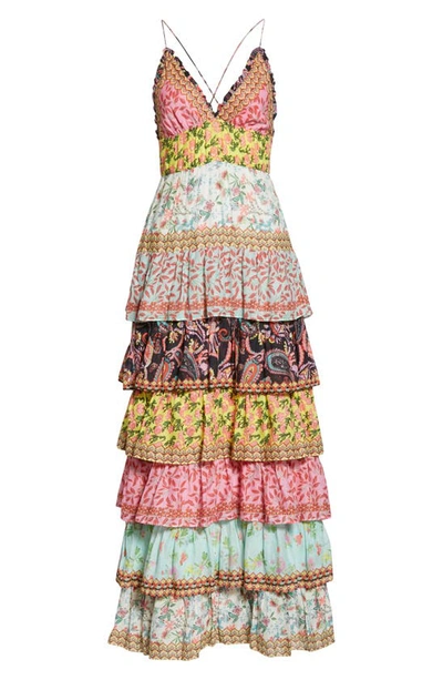 Shop Alice And Olivia Imogene Mixed Print Tiered Ruffle Cotton Maxi Dress In Meadow Magic