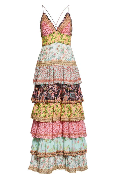 Alice And Olivia Imogene Mixed Print Tiered Ruffle Cotton Maxi Dress In Meadow Magic