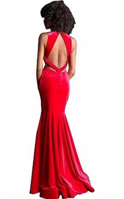 Shop Jovani Velvet Open Back Long Dress In Red