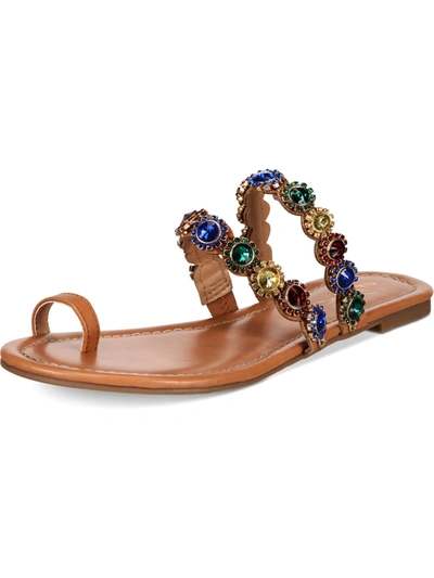 Shop Thalia Sodi Joya Womens Faux Leather Rhinestone Thong Sandals In Brown