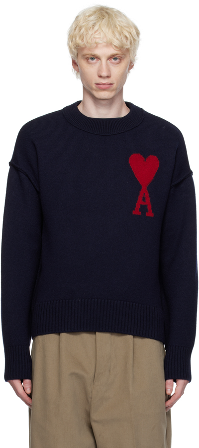 Shop Ami Alexandre Mattiussi Navy Ami De Cœur Sweater In Night Blue/red/4005