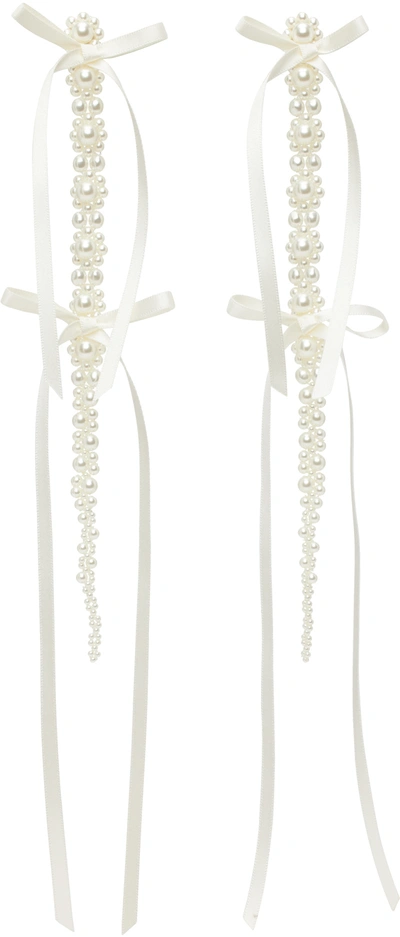 Shop Simone Rocha White Bow Ribbon Double Drip Earrings In Pearl/ivory