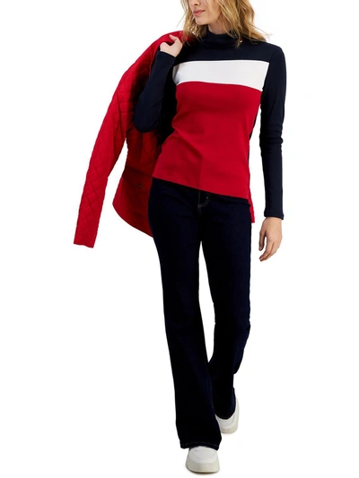 Shop Tommy Hilfiger Womens Colorblock Knit Turtleneck Top In Red