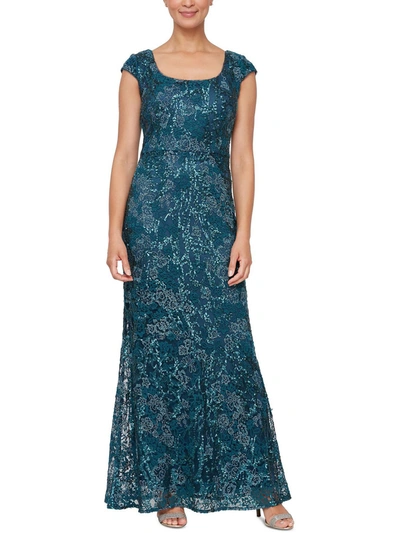 Shop Alex Evenings Womens Embellished Cap Sleeve Evening Dress In Blue