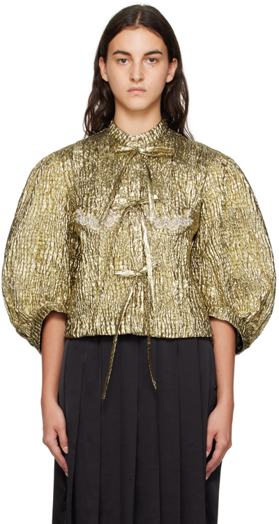 Simone Rocha Embellished Lace-trimmed Metallic Cloqué Jacket In Gold/pearl/clear