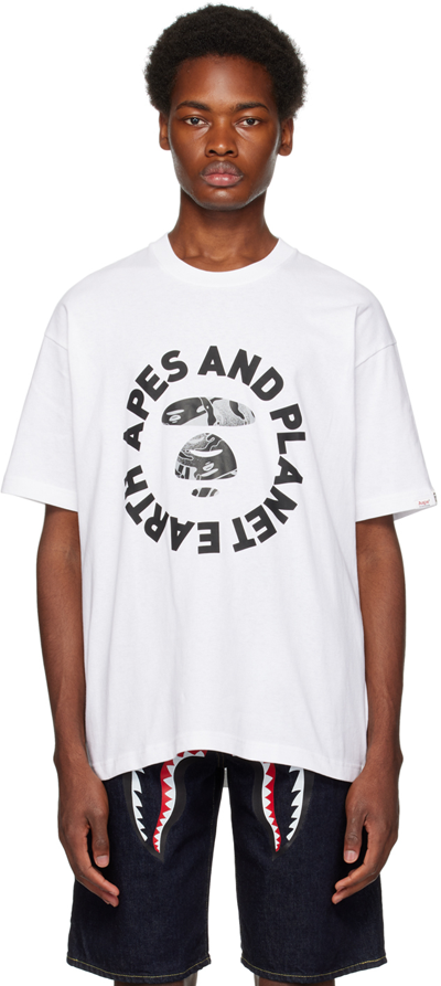 Shop Aape By A Bathing Ape White 'apes And Planet Earth' T-shirt In Whx