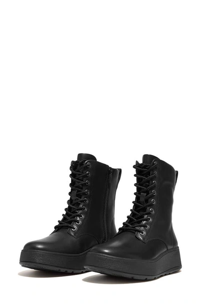 Shop Fitflop F-mode Lace-up Leather Flatform Combat Boot In All Black