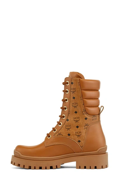 Shop Mcm Visetos Monogram Combat Boot In Cognac