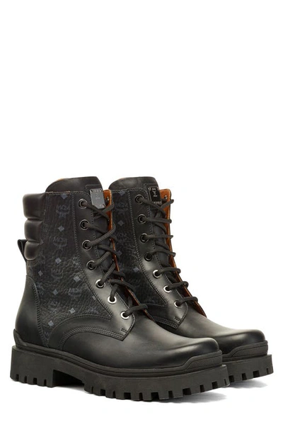 Shop Mcm Visetos Monogram Combat Boot In Black