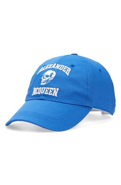 Shop Alexander Mcqueen Varsity Skull Logo Embroidered Baseball Cap In Royal/ Ivory