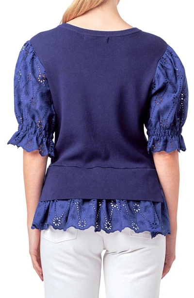 English Factory Mixed Media Eyelet Puff Sleeve Peplum Top In Navy
