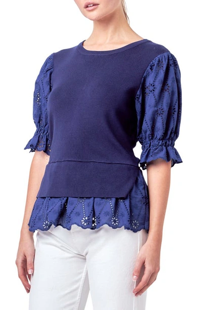 English Factory Mixed Media Eyelet Puff Sleeve Peplum Top In Navy