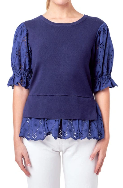 English Factory Mixed Media Eyelet Puff Sleeve Peplum Top In Navy