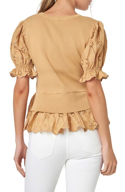 English Factory Mixed Media Eyelet Puff Sleeve Peplum Top In Tan