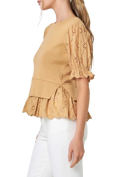 English Factory Mixed Media Eyelet Puff Sleeve Peplum Top In Tan