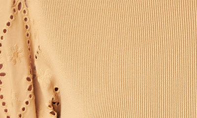 English Factory Mixed Media Eyelet Puff Sleeve Peplum Top In Tan