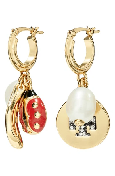 Shop Tory Burch Mismatched Imitation Pearl Hoop Earrings In Tory Gold / Cream / Crystal