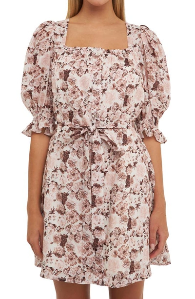 English Factory Floral Puff Sleeve Linen Blend Minidress In Pink Multi