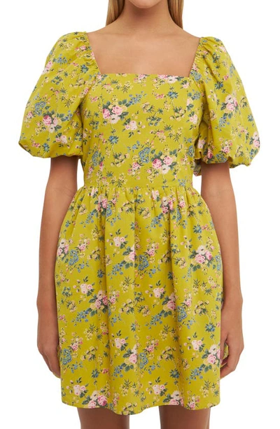 Shop English Factory Floral Print Cutout Back Puff Sleeve Minidress In Celery