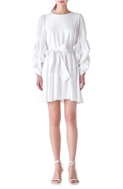 Shop English Factory Cinched Puff Shoulder Long Sleeve Tie Belt Dress In White