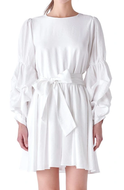 Shop English Factory Cinched Puff Shoulder Long Sleeve Tie Belt Dress In White