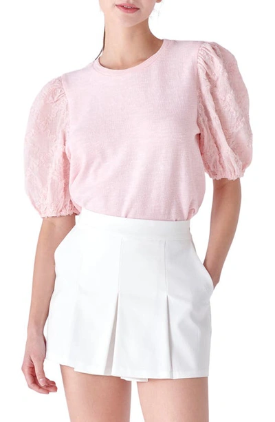 Shop English Factory Mixed Media Puff Sleeve Top In Pink