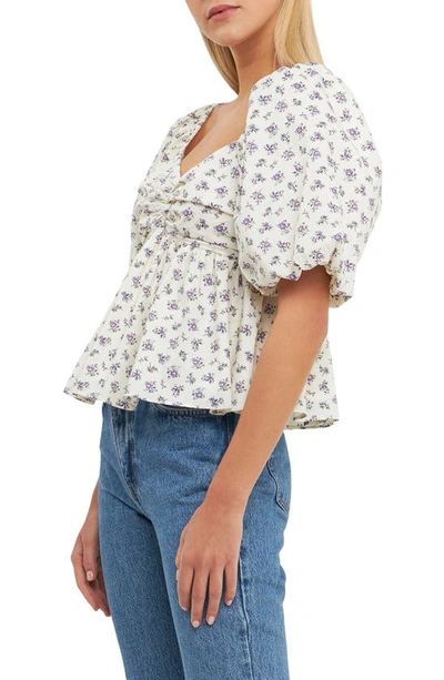 Shop English Factory Floral Print Puff Sleeve Babydoll Top In Cream