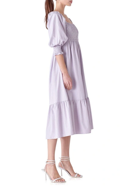 Shop English Factory Gingham Smocked Puff Sleeve Midi Dress In Lilac/ Blush