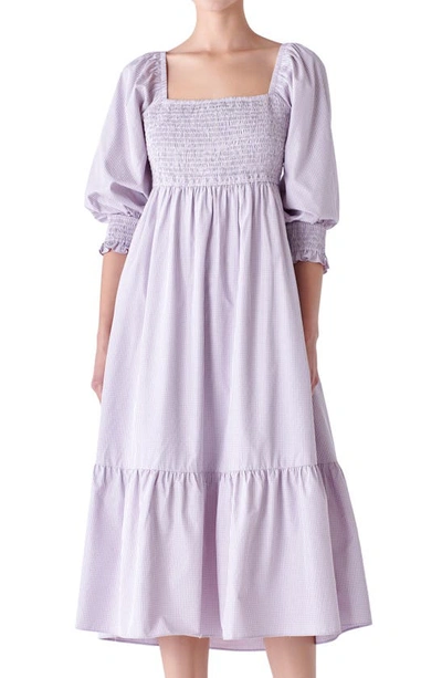 Shop English Factory Gingham Smocked Puff Sleeve Midi Dress In Lilac/ Blush
