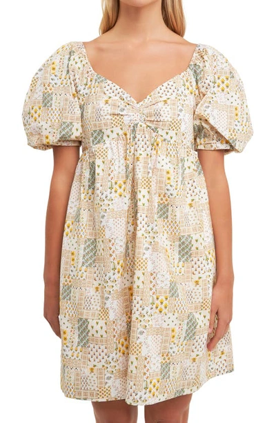 Free The Roses Patchwork Puff Sleeve Babydoll Dress In Multi