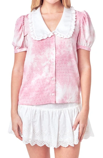 Shop Free The Roses Tie Dye Swiss Dot Ruffle Collar Shirt In Pink/ White