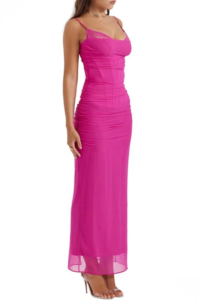 House Of Cb Nalini Floral Mesh Corset Cocktail Dress In Fuschia