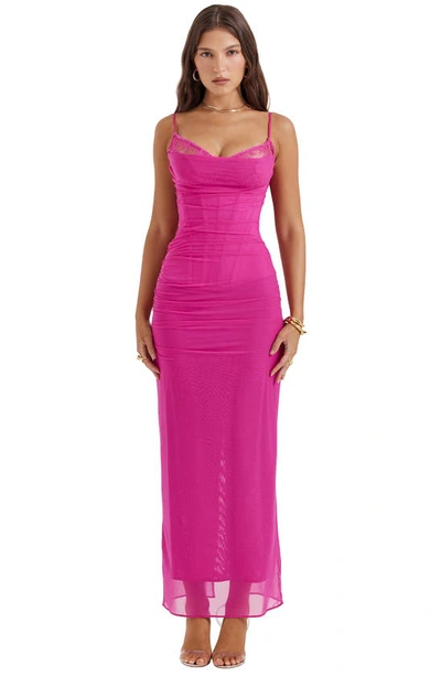 House Of Cb Nalini Floral Mesh Corset Cocktail Dress In Fuschia