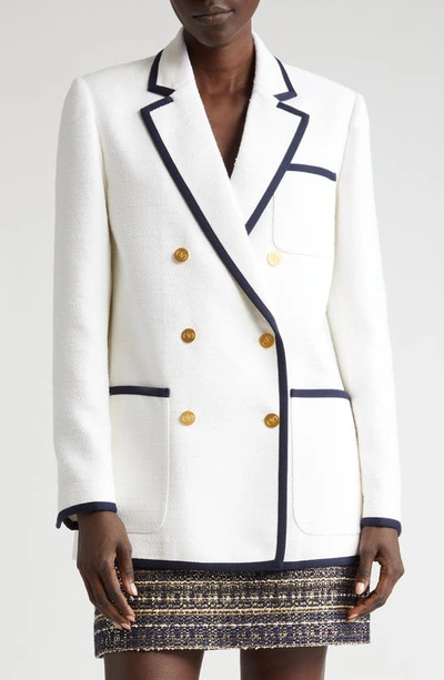 Shop Valentino Contrast Trim Doubled Breasted Crisp Tweed Blazer In Avorio/ Navy