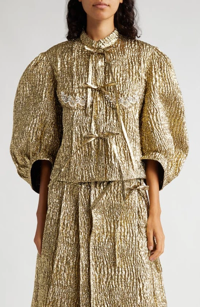Shop Simone Rocha Embellished Crop Balloon Sleeve Jacket In Gold/ Pearl/ Clear