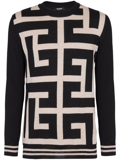 Shop Balmain Sweater With Monogram Print In Black