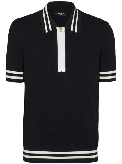 Shop Balmain Polo With Jacquard Monogram In Black