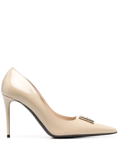 Shop Dolce & Gabbana Pumps With 95mm Logo Plate In Nude & Neutrals