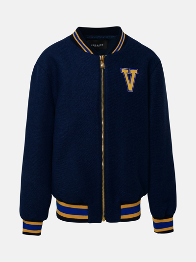 Shop Versace Logo Bomber Jacket In Navy Wool Blend