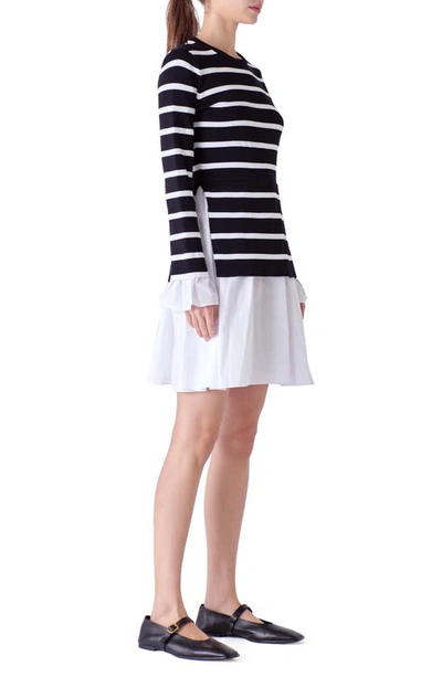 Shop English Factory Combo Knit & Poplin Dress In Black Stripe