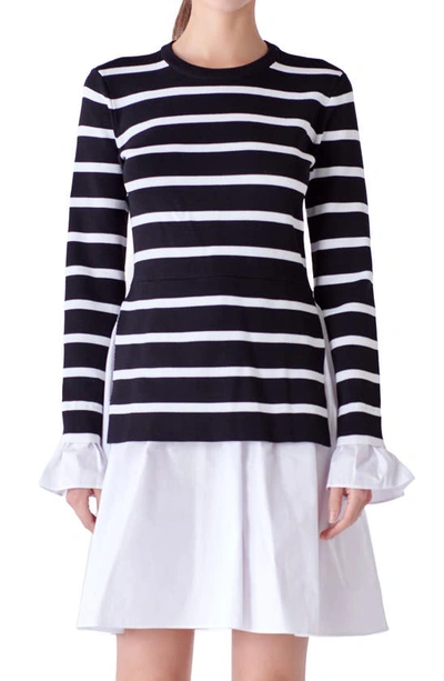 Shop English Factory Combo Knit & Poplin Dress In Black Stripe