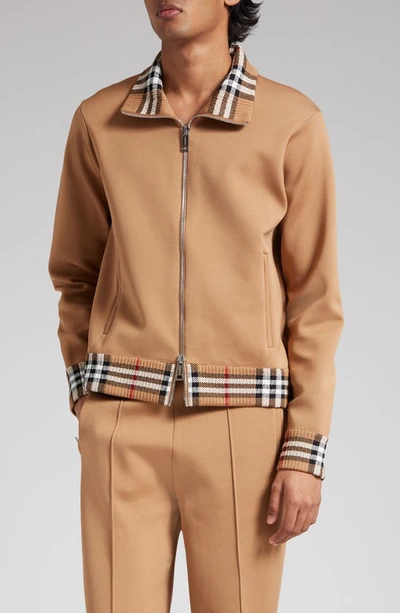 Shop Burberry Check Trim Track Jacket In Camel