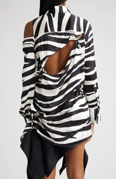 Shop Monse Zebra Stripe Slashed Silk Blouse In Black/ White