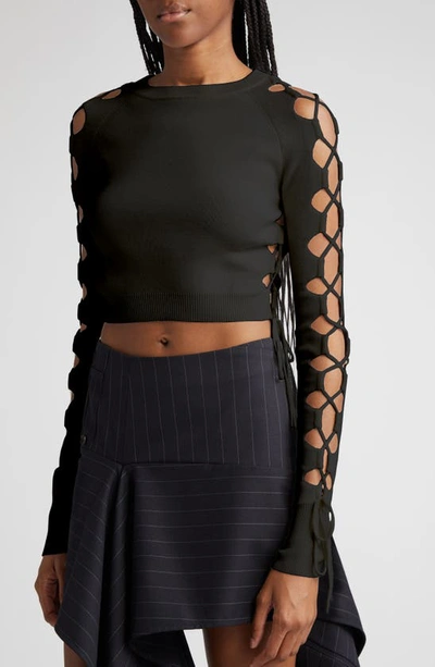 Shop Monse Lace Sleeve Detail Merino Wool Blend Crop Sweater In Black