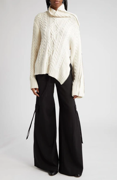 Shop Monse Cable Zip Detail Merino Wool Turtleneck Sweater In Ivory