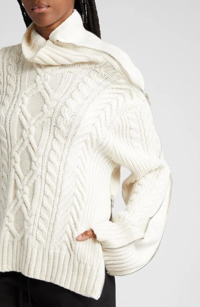 Shop Monse Cable Zip Detail Merino Wool Turtleneck Sweater In Ivory