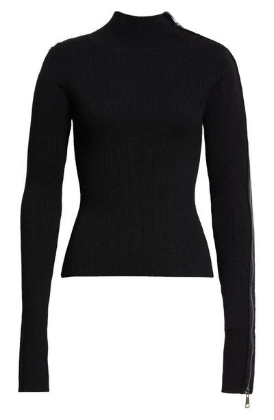 Shop Monse Zip Detail Merino Wool Blend Turtleneck Sweater In Black